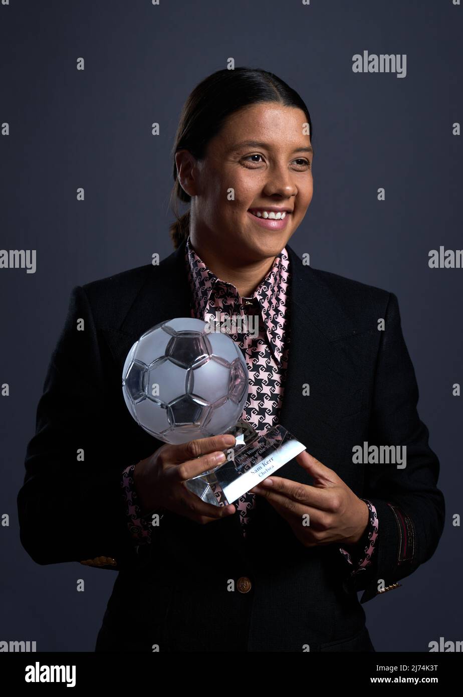 Chelsea's Sam Kerr poses with their FWA Player of the Year Award during