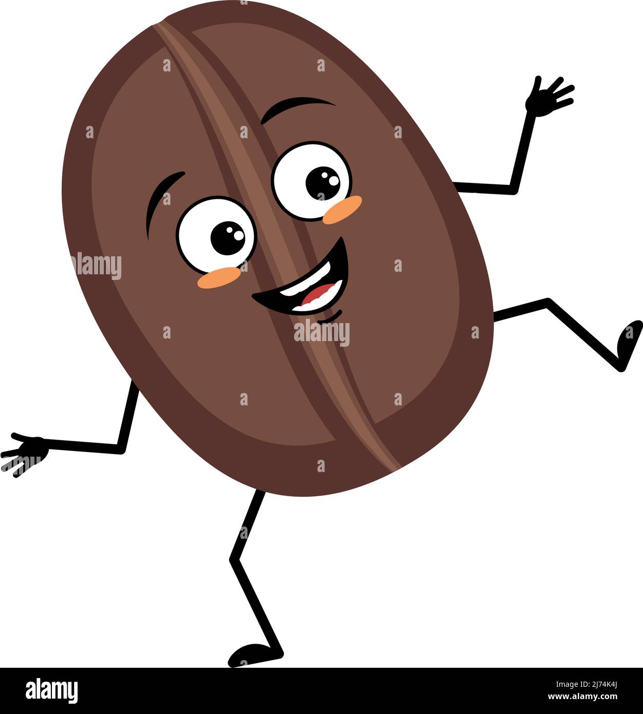 Coffee bean character with happy emotion, joyful face, smile eyes, arms