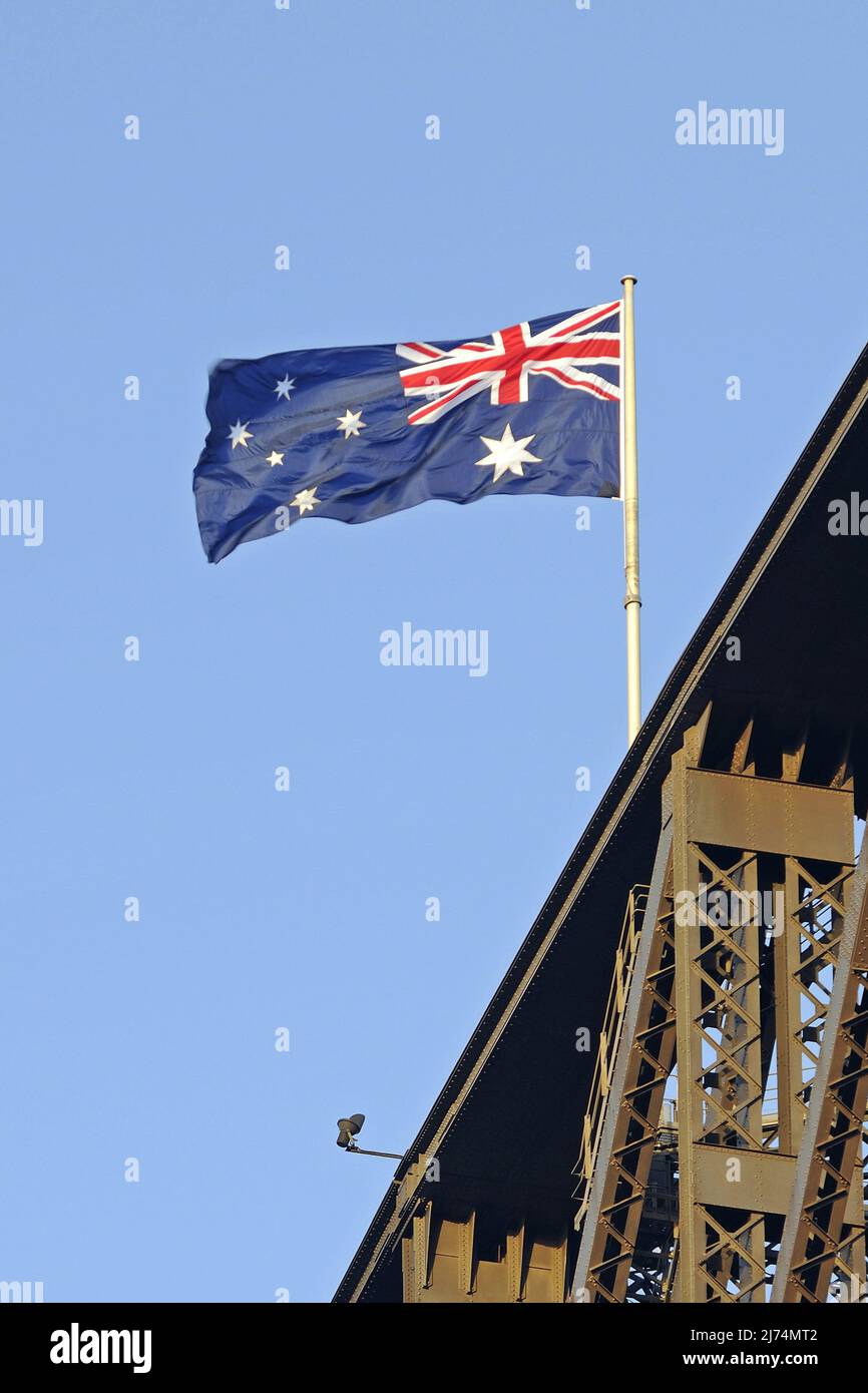 Australian Flag on Harbour Bridge in Sydney, Australia, Sydney Stock