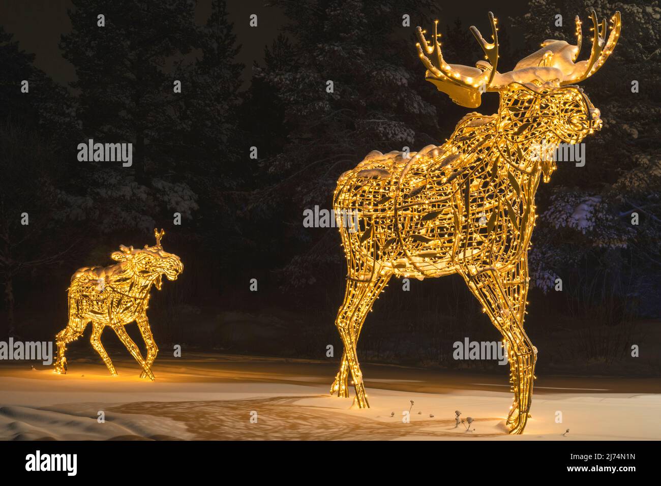 Illuminated elk figures, Sweden, Lapland, Gaellivare Stock Photo