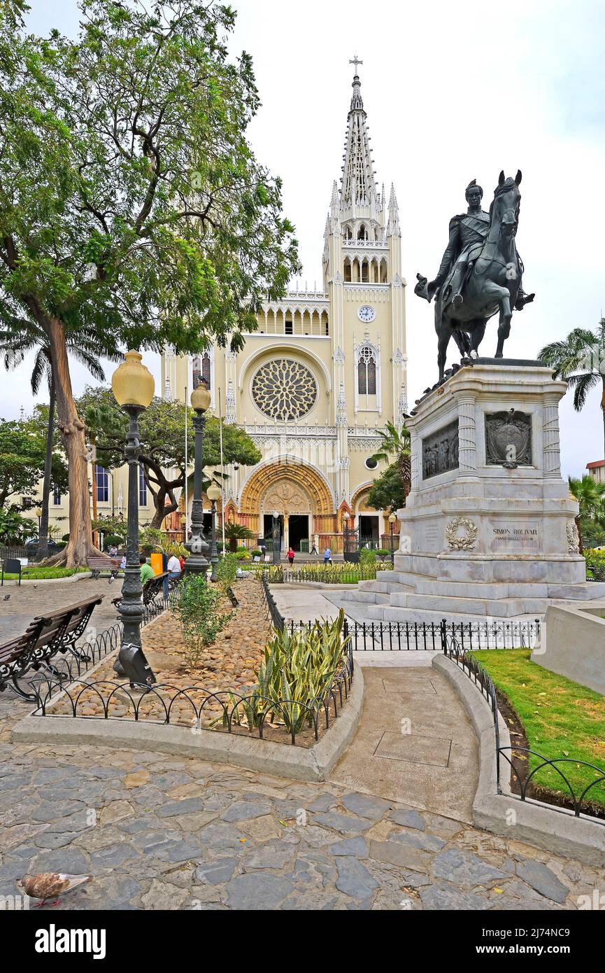 Catholic cathedral in the old town of Guayaquil with rider statue