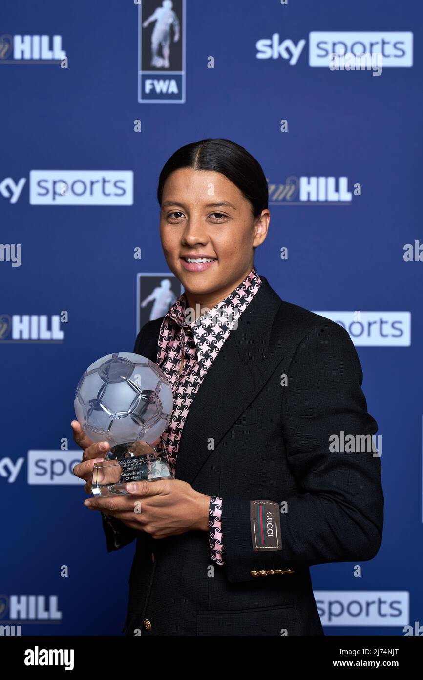 Chelsea's Sam Kerr poses with their FWA Player of the Year Award during
