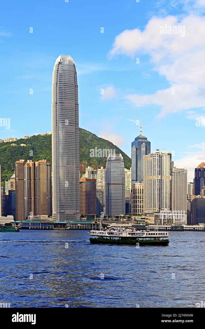 View from Kowloon onto the skyline of Hongkong Island at the Hongkong River, Central, with IFC Tower , China, Hong Kong Stock Photo