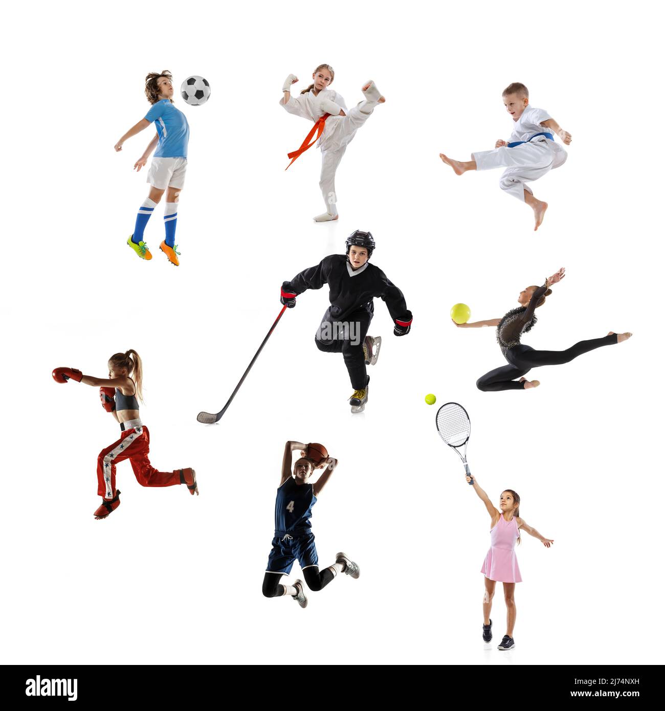 Sport collage. Tennis, running, soccer or football, basketball, hockey, volleyball, boxing, MMA fighter and gymnastics. Kids sports concept Stock Photo