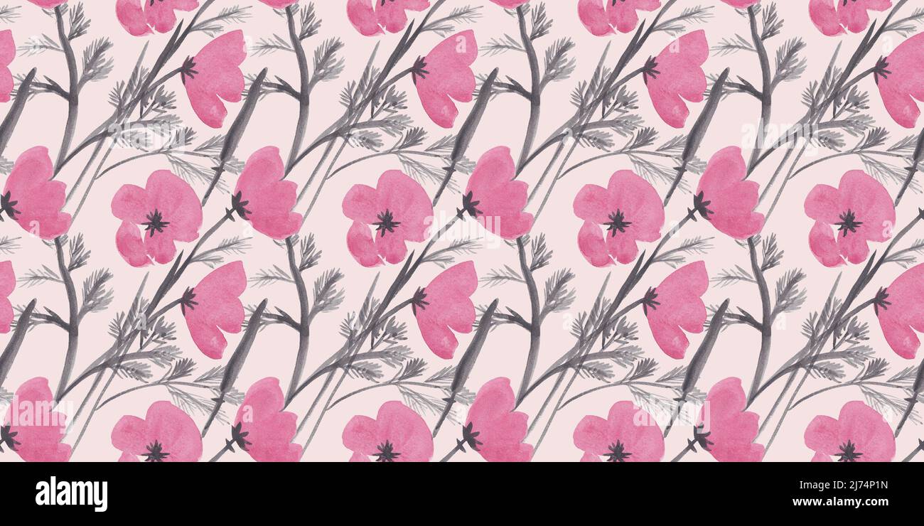 Red poppy watercolor seamless pattern, cute pastel red gray black flower, botanical organic background muted color Stock Photo