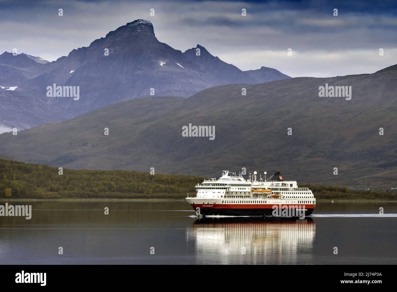 Hurtigruten cruise liner Otto Sverdrup near Tromsoe, Norway, Troms, Tromsoe Stock Photo