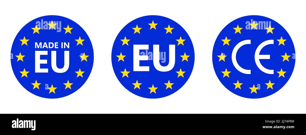 Made in EU. CE mark. European union logo. Vector illustration. EU flag icon with stars. Stock Vector