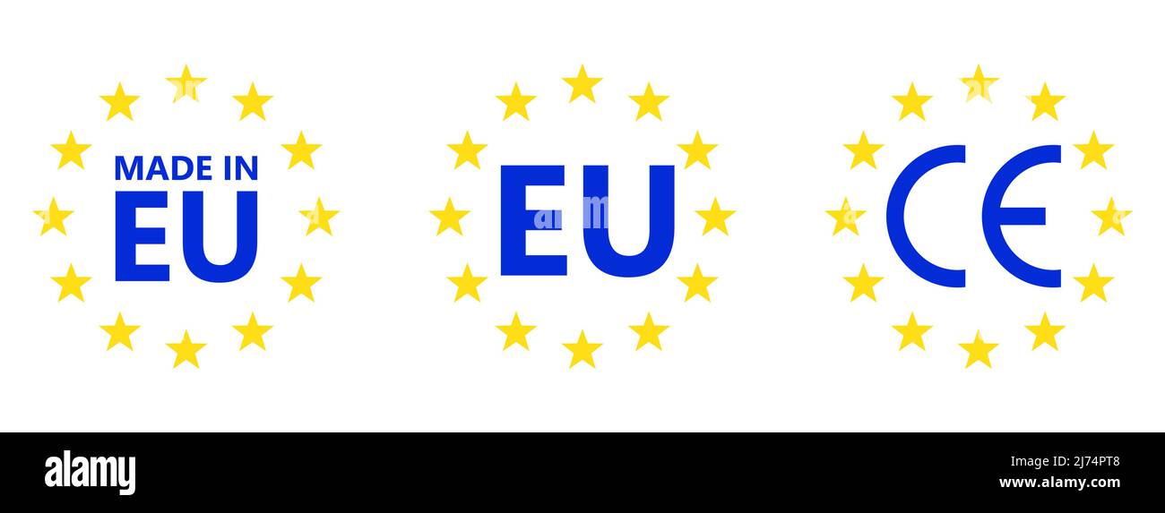 Made in EU. CE mark. European union logo. Vector illustration. EU flag icon with stars. Stock Vector