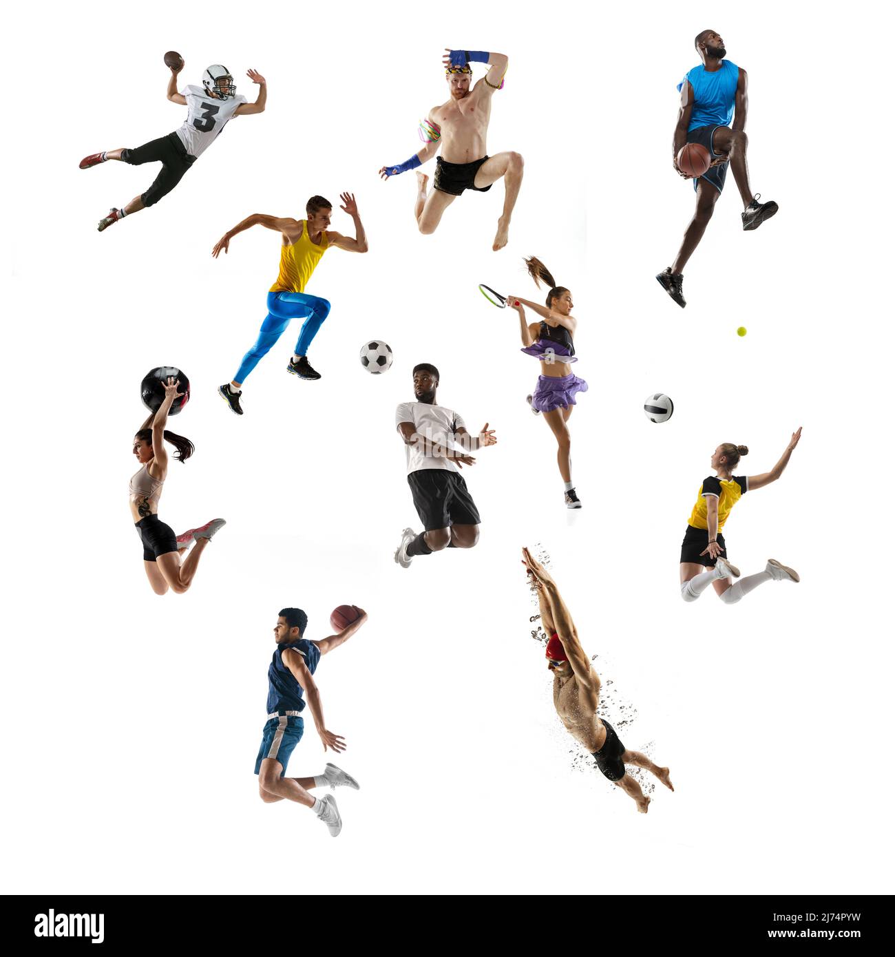 Sport collage. Tennis, swimming, badminton, soccer and american