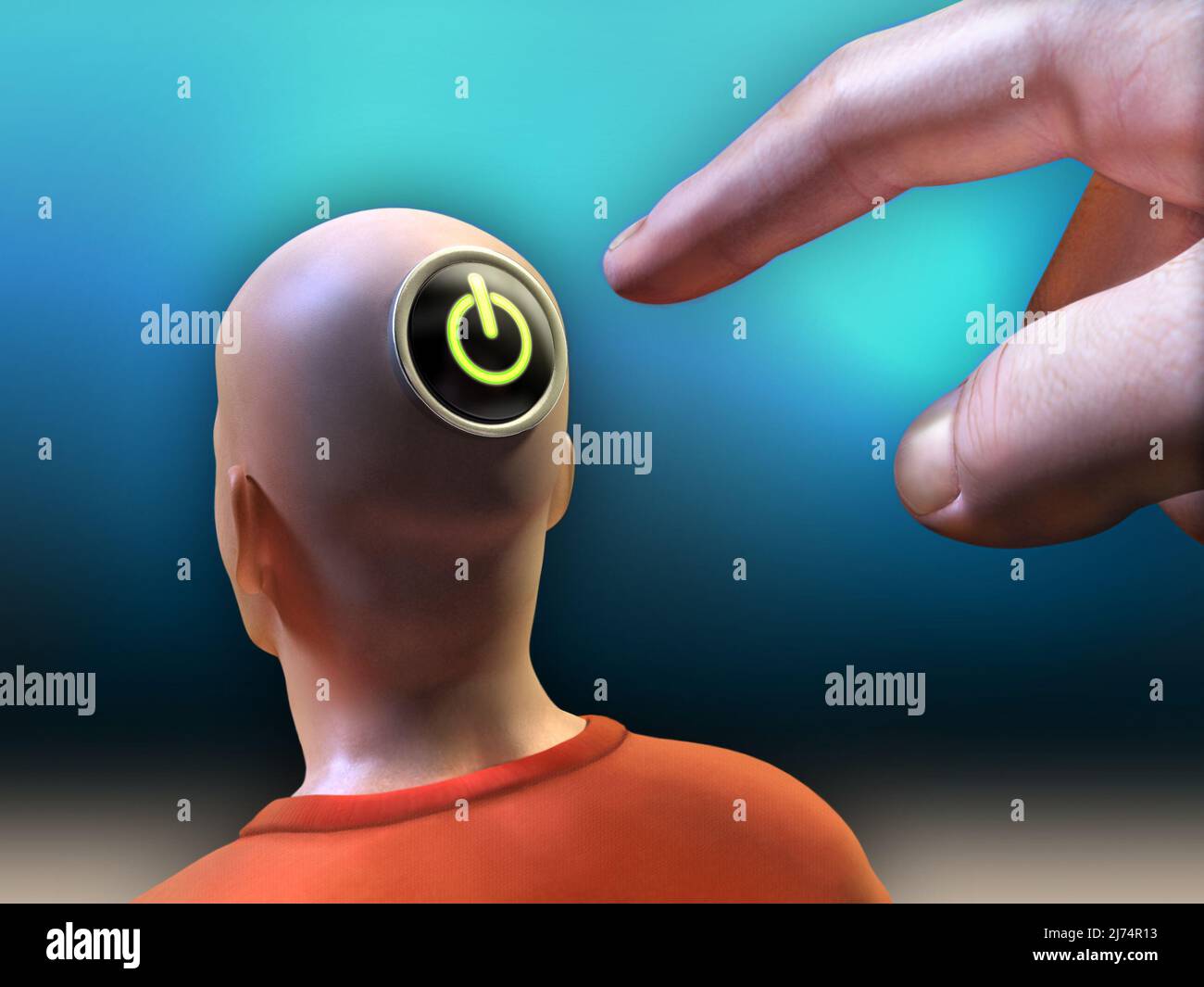 Hand is pushing a power button located on the head of a man. Inclueded clipping path to separate main objects from background. Digital illustration. Stock Photo
