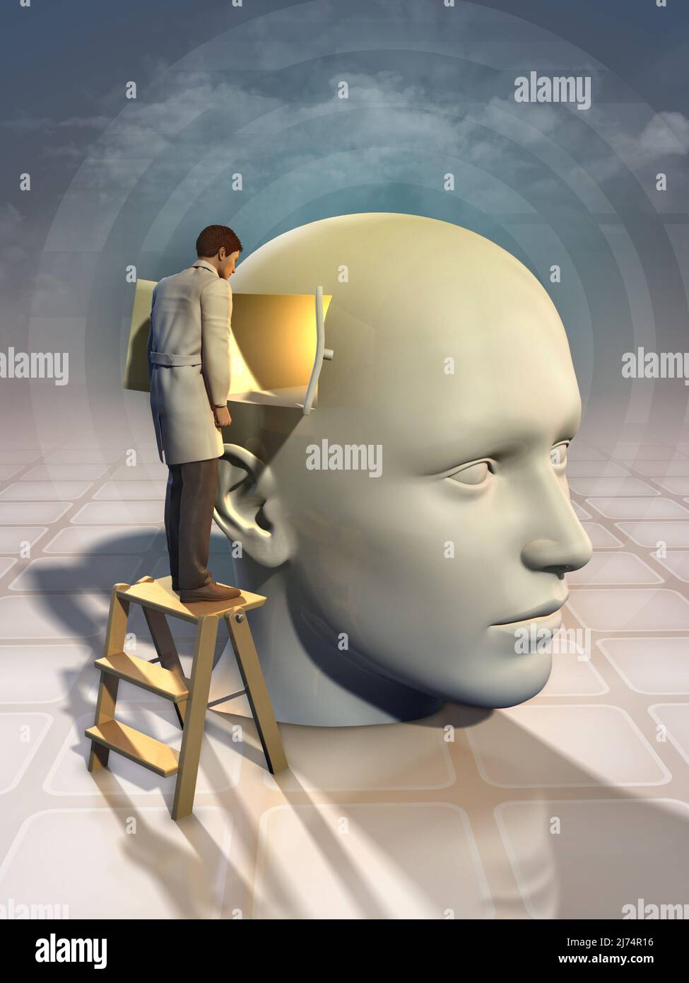 Doctor looking through a window on an human head. 3D illustration. Stock Photo