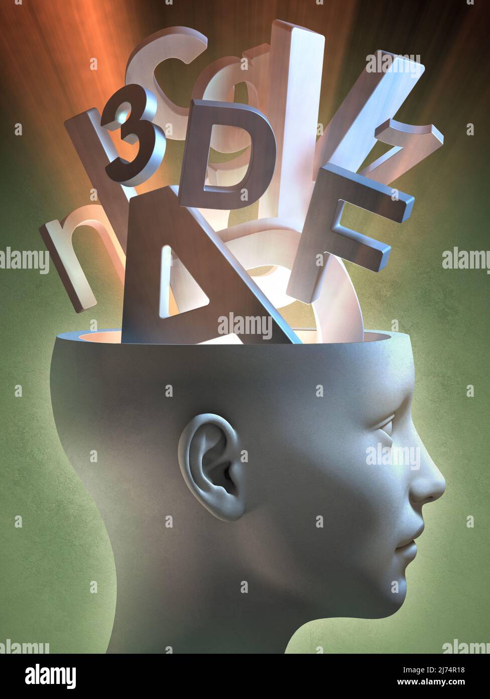 Letters and numbers coming out of an open head. Digital illustration. Stock Photo