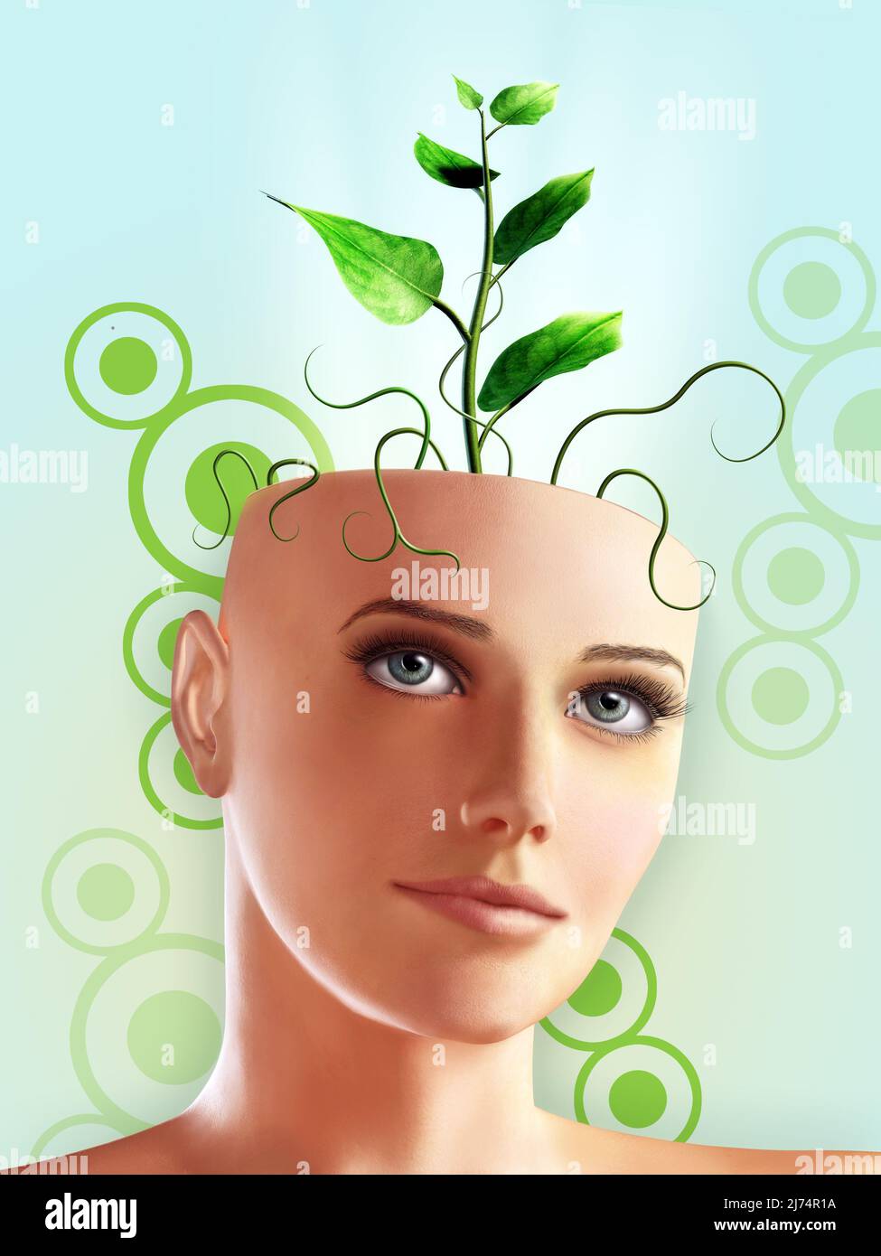 A new plant growing out of a woman's head. 3d render of the female head, no model release necessary. Digital illustration. Stock Photo