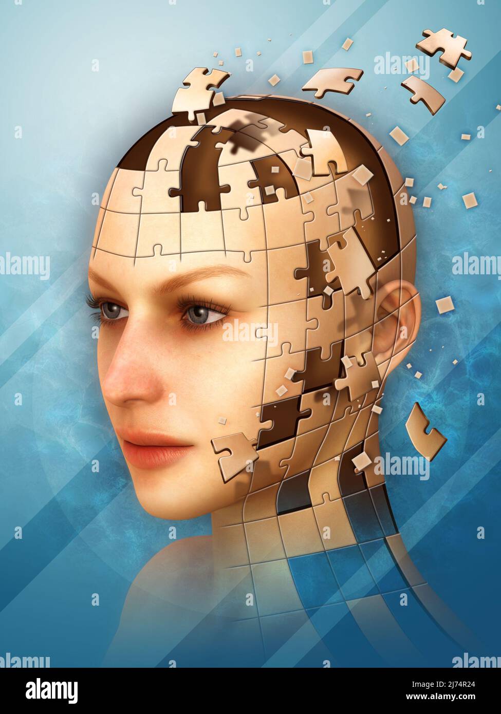 Three dimensional puzzle creating a female head. Digital illustration. Stock Photo