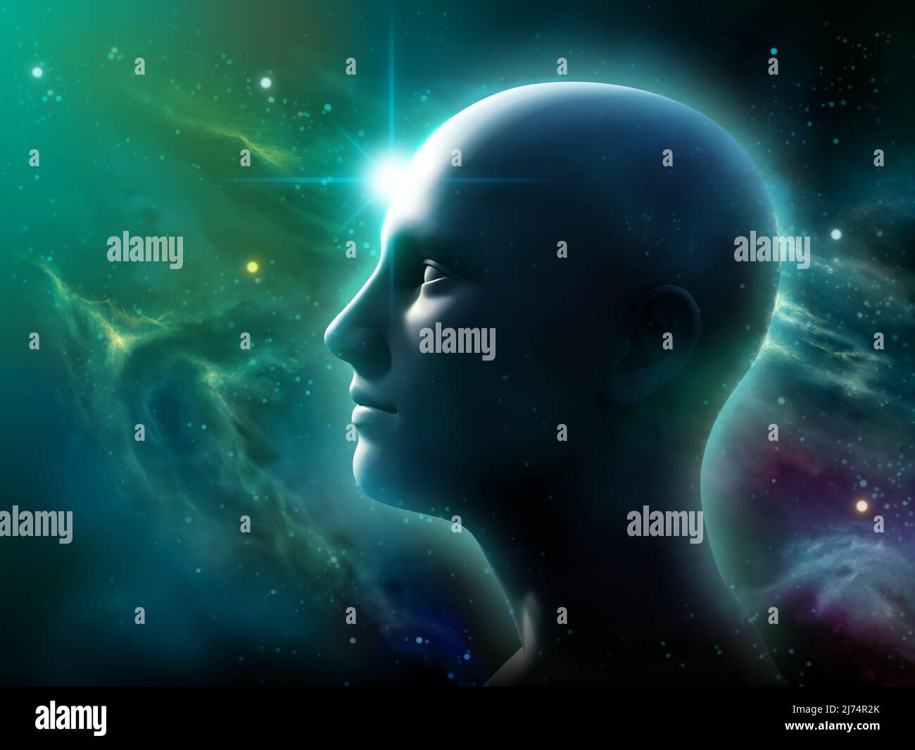 Human head silhouette over a space panorama. 3D illustration. Stock Photo