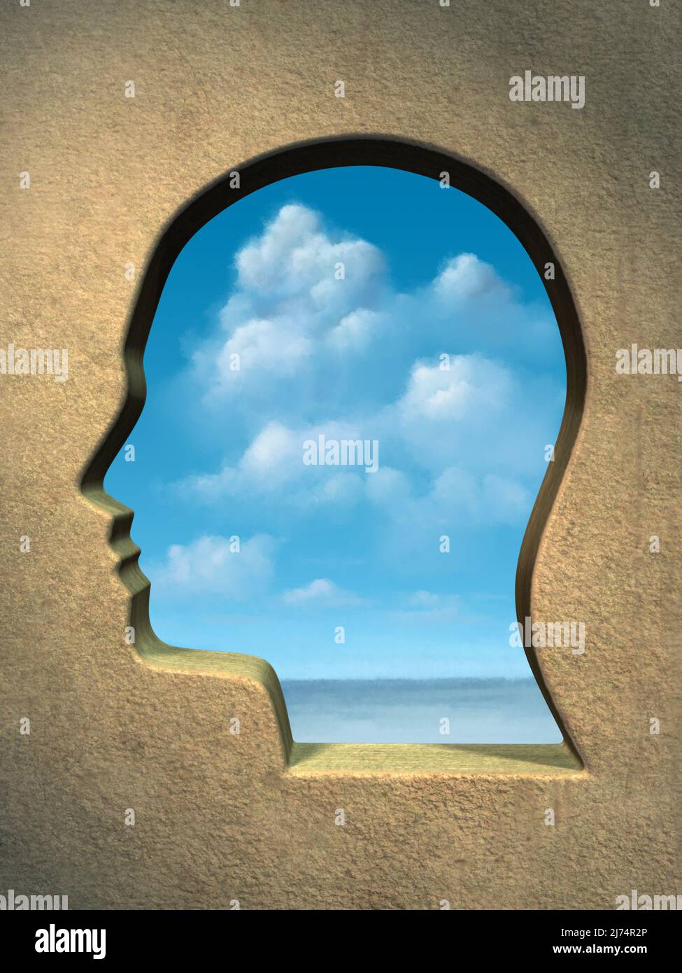 A bright blue sky seen through an head shaped window. Digital illustration. Stock Photo