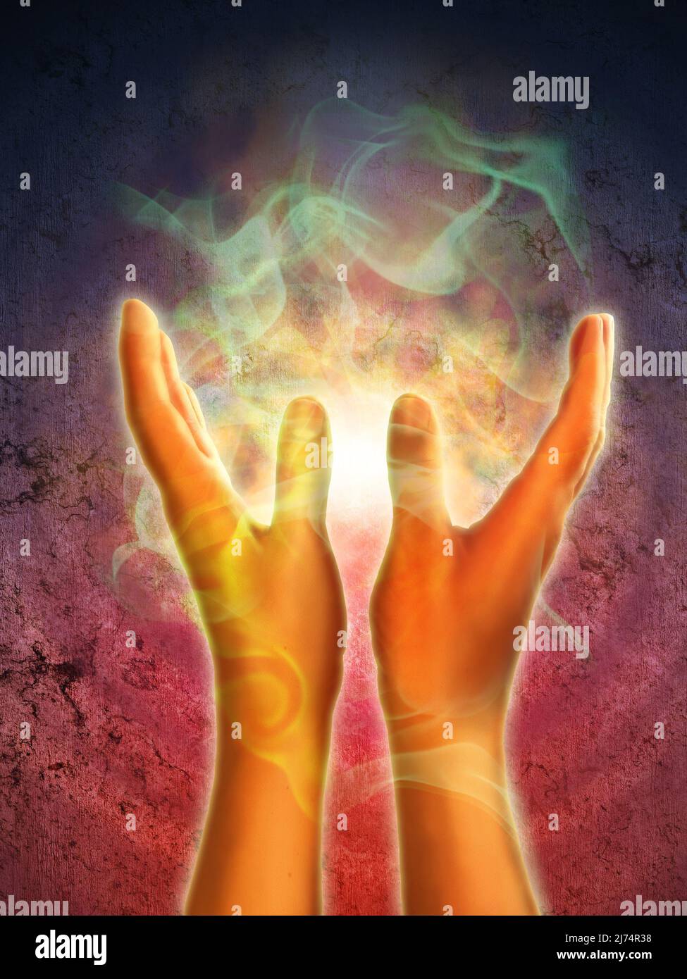 Mystical energy generating from open hands. Digital illustration. Stock Photo