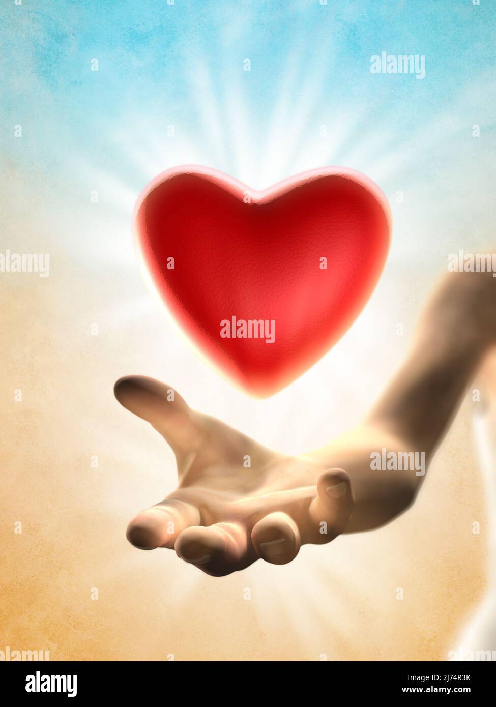 Red heart floating over a woman open hand. Digital illustration. Stock Photo