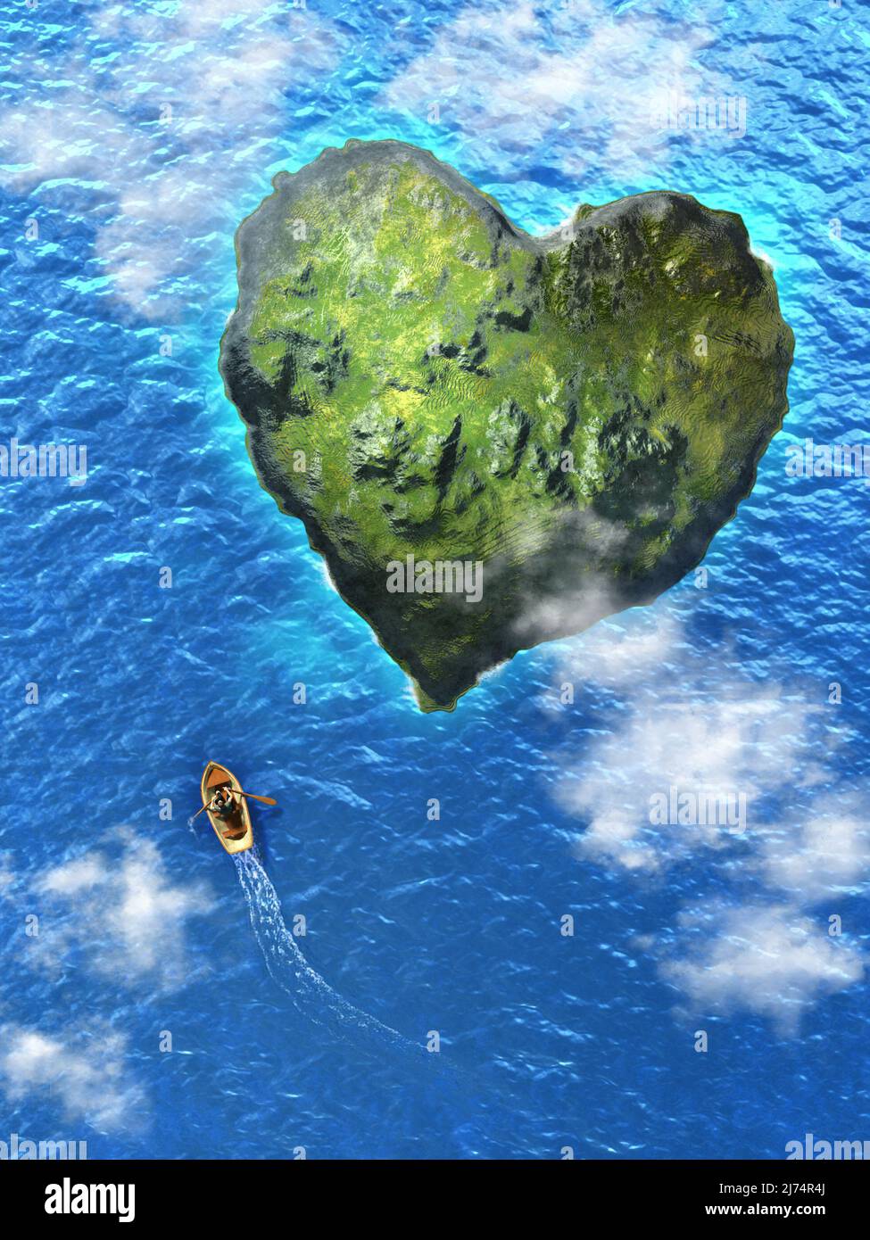 Small rowboat heading to an heart shaped island. Digital illustration. Stock Photo
