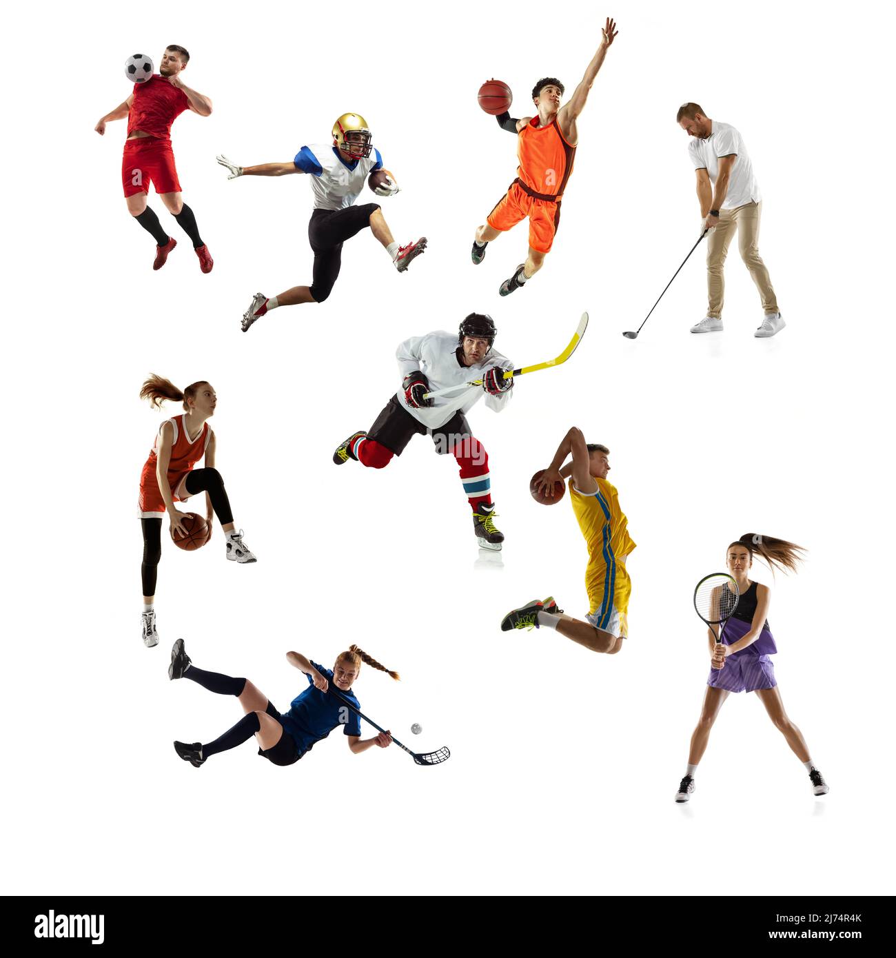 Sport collage. Tennis, running, badminton, soccer and american football ...