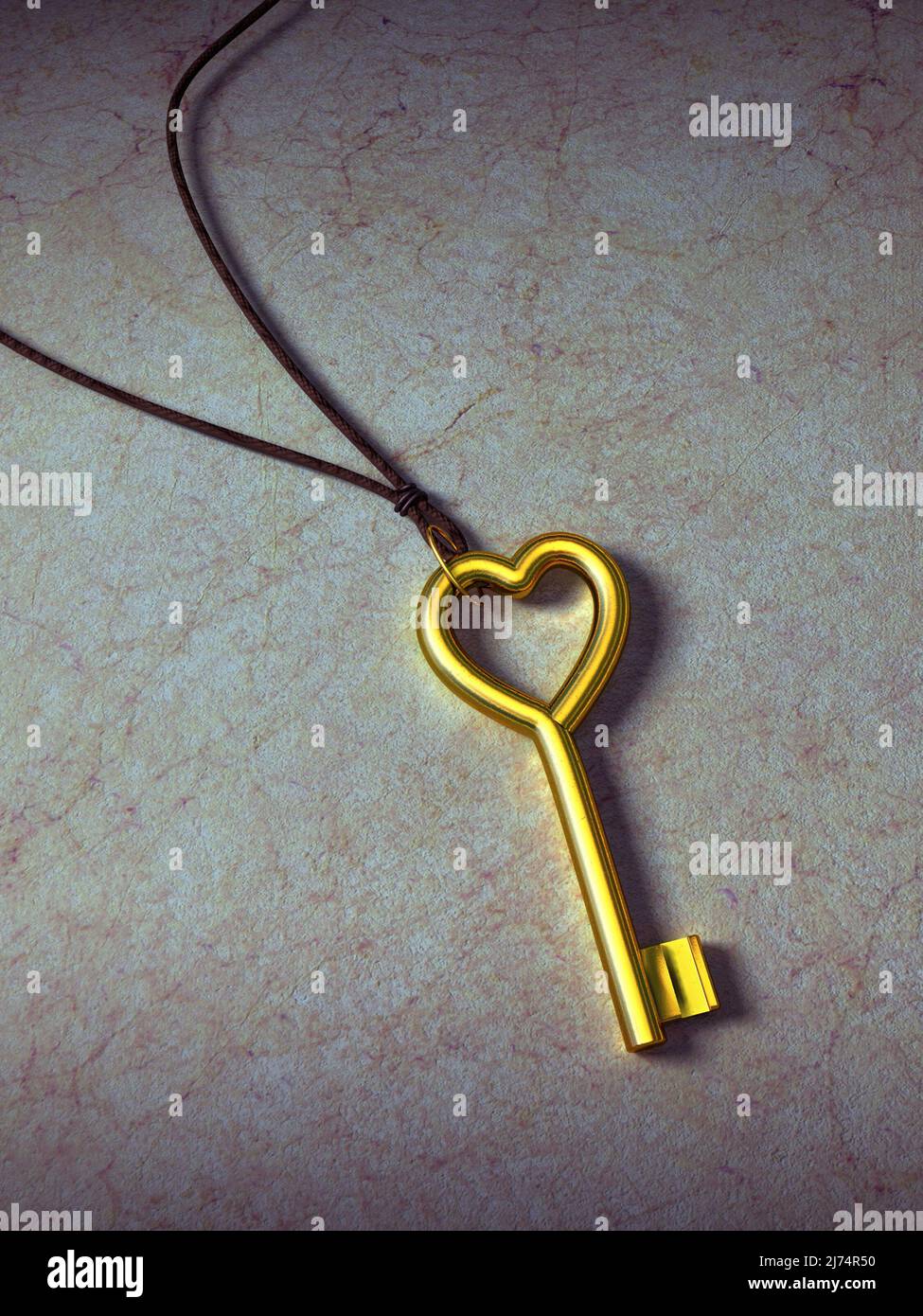 Golden key with its head shaped like an heart. Digital illustration. Stock Photo