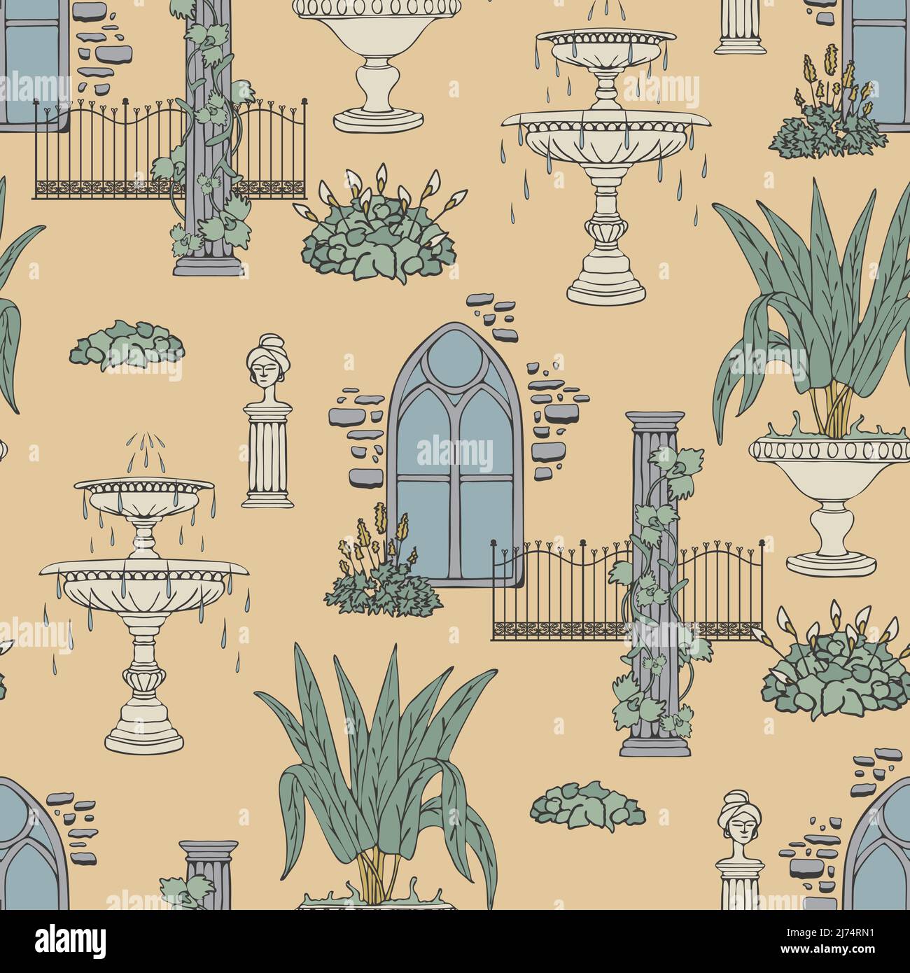 Seamless vector pattern with Victorian style greenhouse on yellow background. Romantic vintage garden wallpaper design. Stock Vector