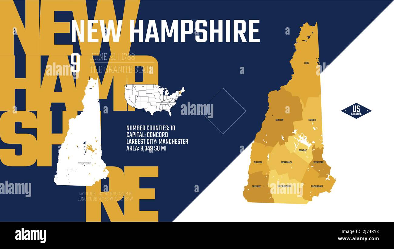 9 of 50 states of the United States, divided into counties with territory nicknames, Detailed vector New Hampshire Map with name and date admitted to Stock Vector