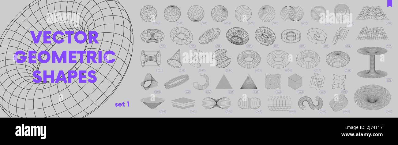 Collection of strange wireframes vector 3d geometric shapes, distortion and transformation of figure, set of different linear form inspired by brutali Stock Vector