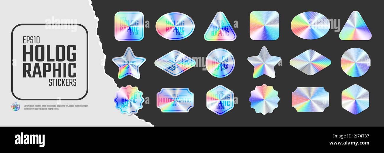 Iridescent color holographic stickers, set of quality hologram rainbow shiny emblems of various different shapes, Vector illustration mockup design la Stock Vector
