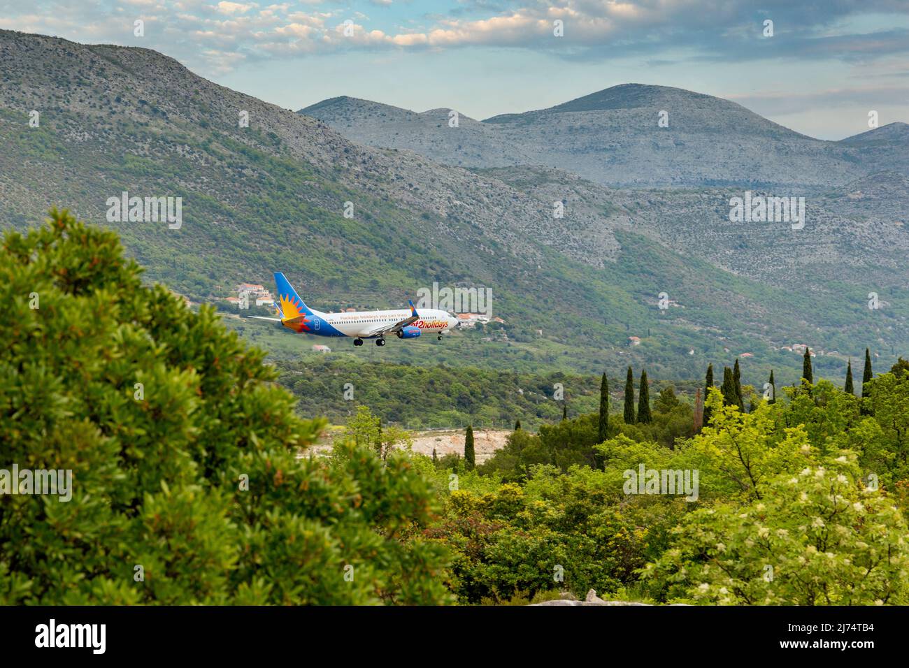 Cavtat, Croatia - May 5, 2022: Jet2 Airlines airplane landing in Dubrovnik airport (Cavtat). Stock Photo