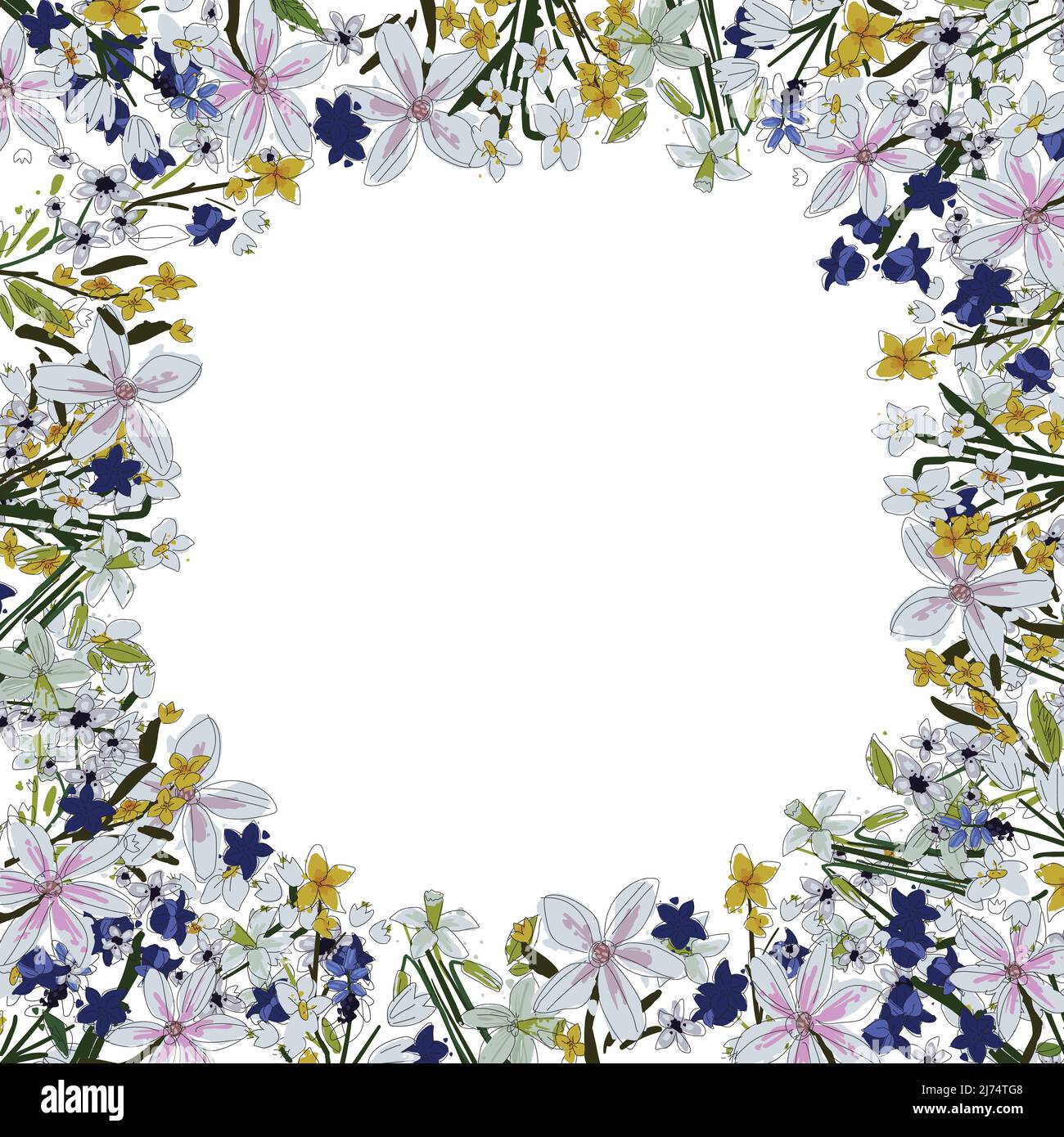 Vector floral frame. Sketchy flowers arrange in border on white