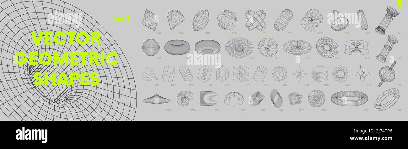 Collection of strange wireframes vector 3d geometric shapes, distortion and transformation of figure, set of different linear Stock Vector