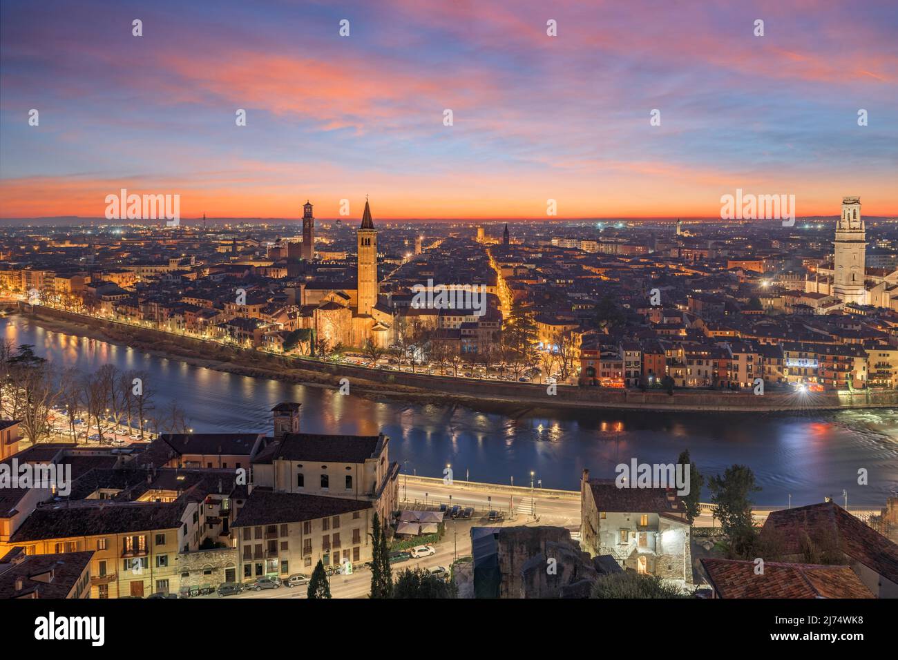 Verona, Italy Skyline on the Adige River at dusk Stock Photo - Alamy