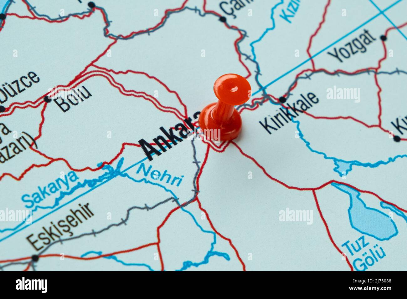 Ankara location on map with red thumbtack, travel idea, Turkey and Ankara on map with a red fastener, vacation and road trip concept, capital Stock Photo