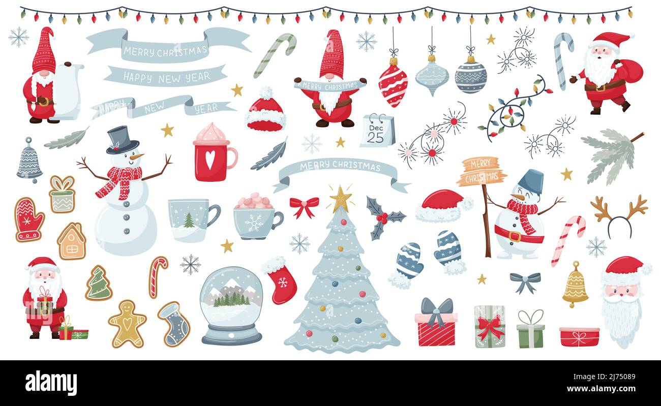 Collection of design elements for Christmas decorations. Cute cartoon gnomes,Santa,snowman and Christmas attributes. Set of Christmas characters and e Stock Vector
