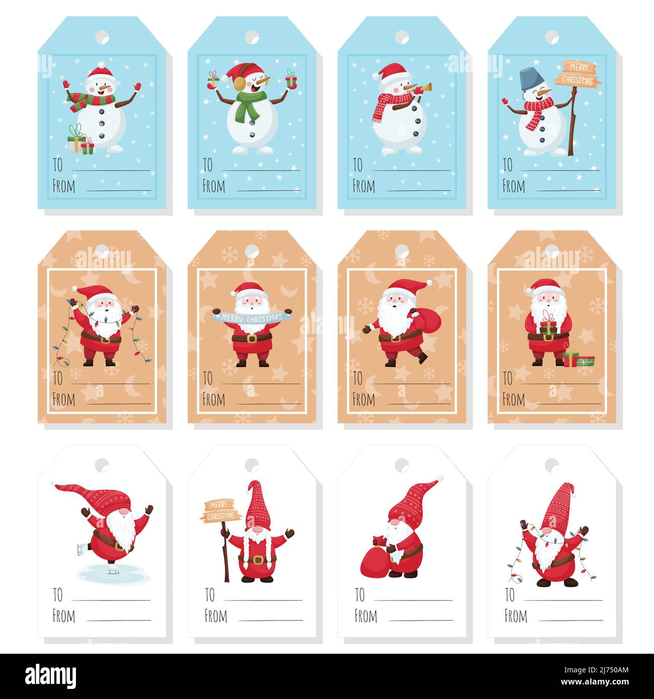 A set of gift tags, labels with cute Christmas characters - Santa, snowman,  dwarf on a blue and beige background. Printable template with color vector  Stock Vector Image & Art - Alamy