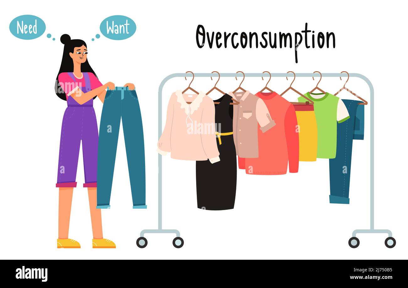 A girl in a jumpsuit chooses clothes and thinks she wants jeans or needs them. The topic of hyperconsumption, reasonable use. Color vector illustratio Stock Vector