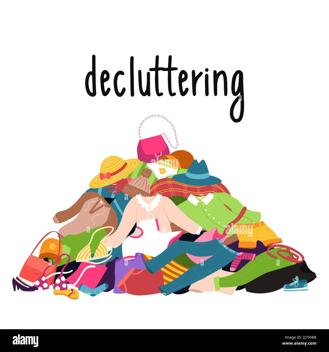 A pile of clothes and shoes lying on the floor. Blouse, hat, jeans, bag. Mess, heap of things, decluttering, overconsumption. Color vector illustratio Stock Vector