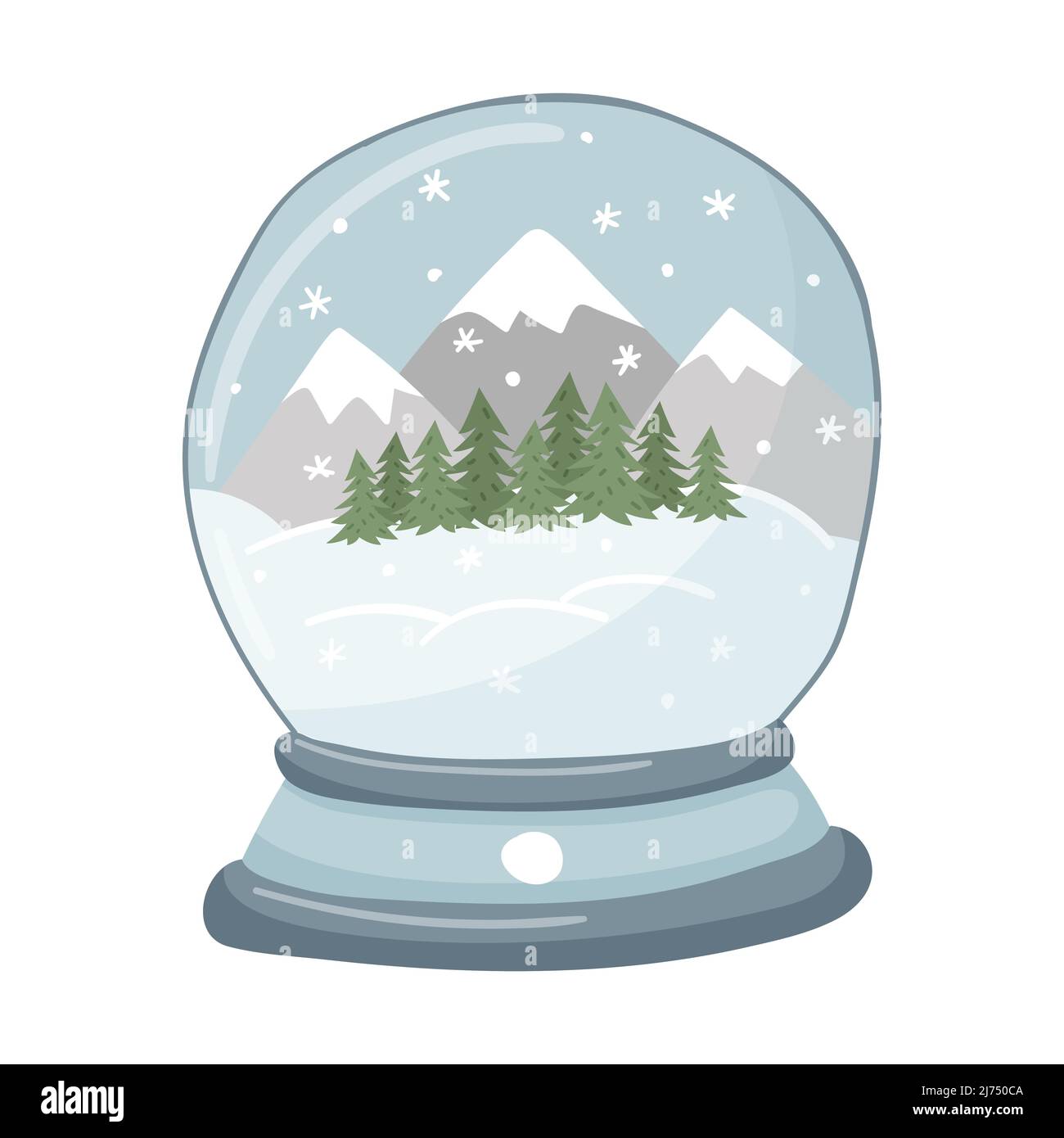 A snow globe with mountains, snowdrifts, forests and snowflakes. Hand-drawn flat Christmas attribute, design element isolated on a white background. H Stock Vector