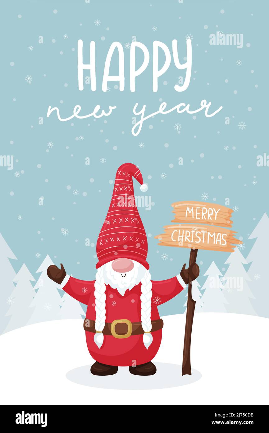 Christmas greeting card with a smiling dwarf holding a wooden sign with words Merry Christmas. Winter forest. Hand Lettering - Happy New Year. Cute fl Stock Vector