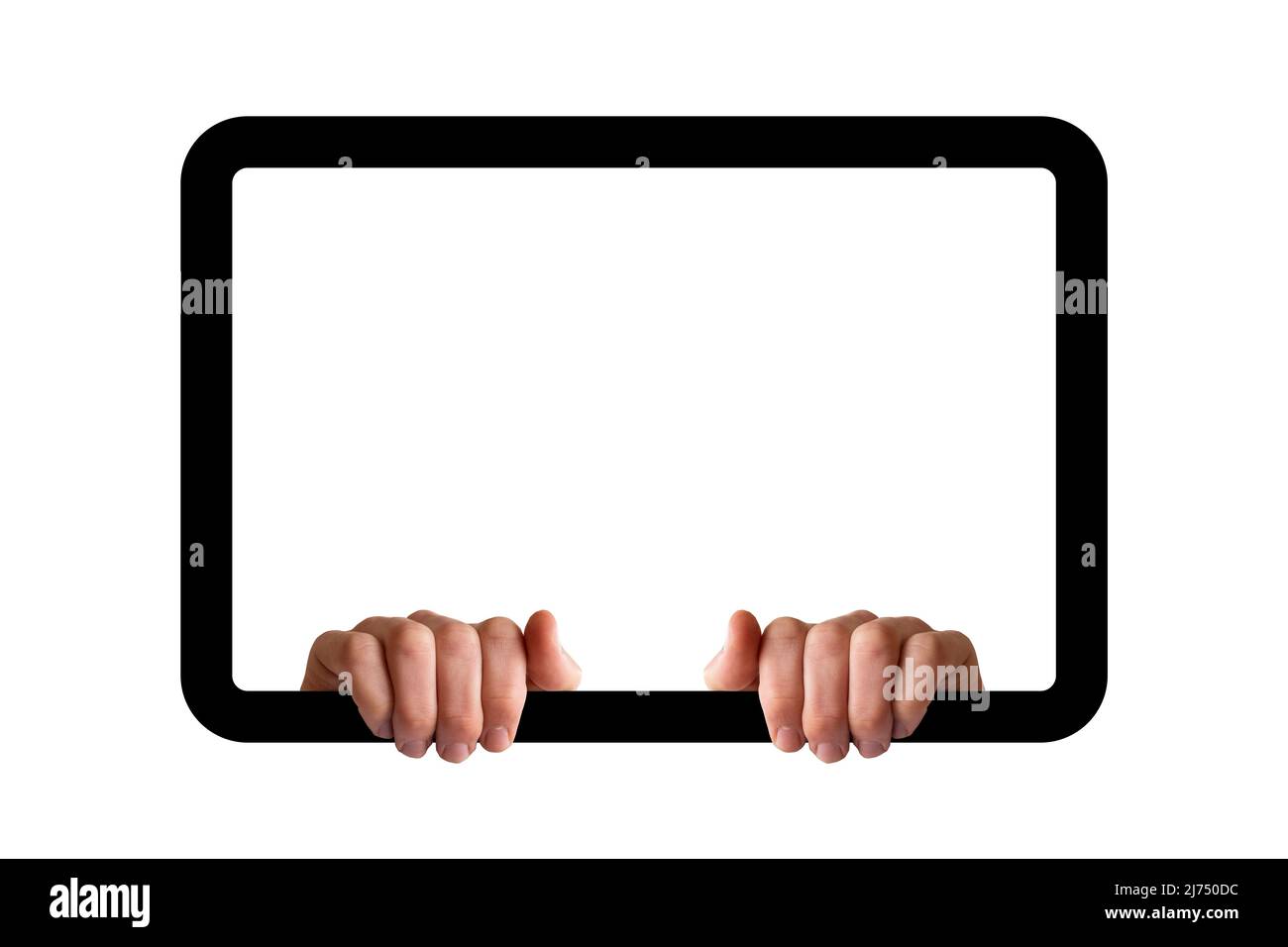 Hands holding a white frame, isolated on white color background, copy space for faces and texts, two hands and frame, mockup concept, blank area Stock Photo