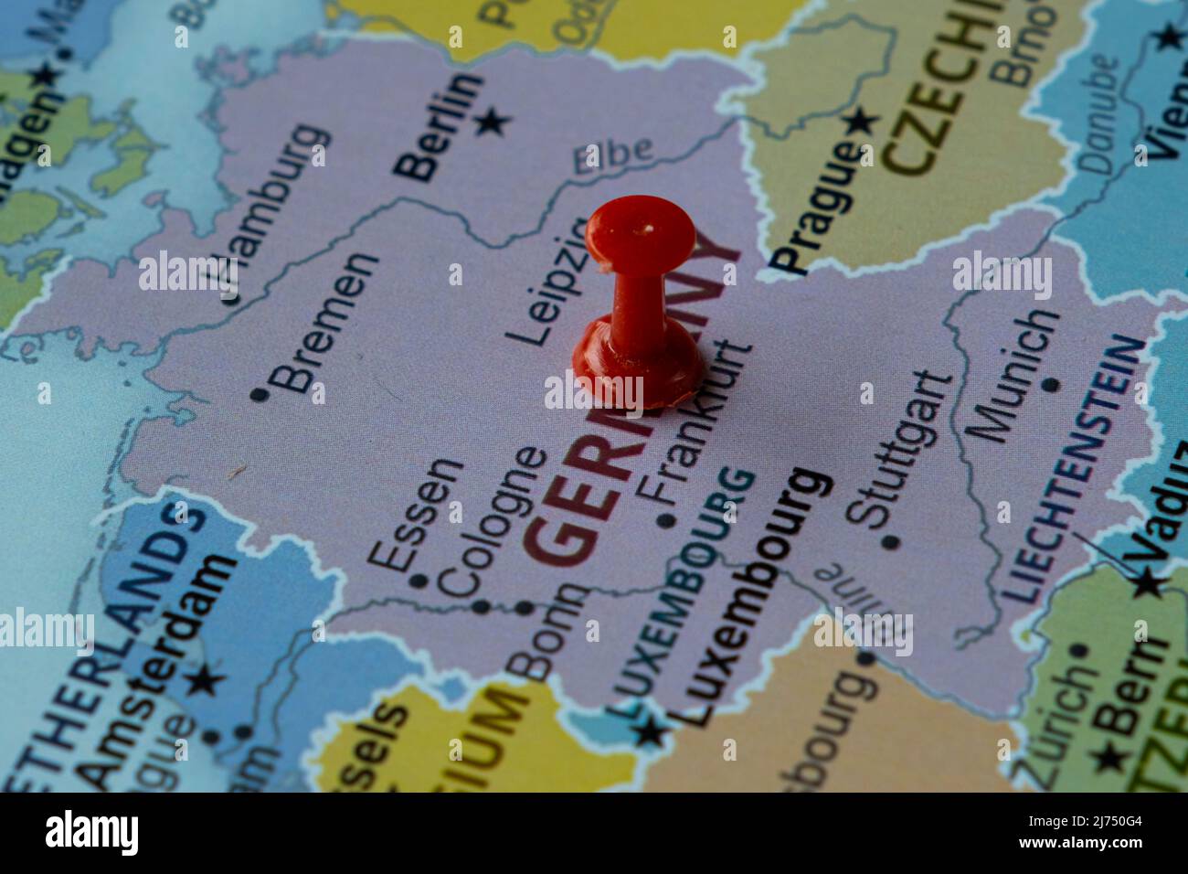 Germany location on map with red thumbtack, travel idea, Berlin and Germany on map with a red fastener, vacation and road trip concept, pinned Stock Photo
