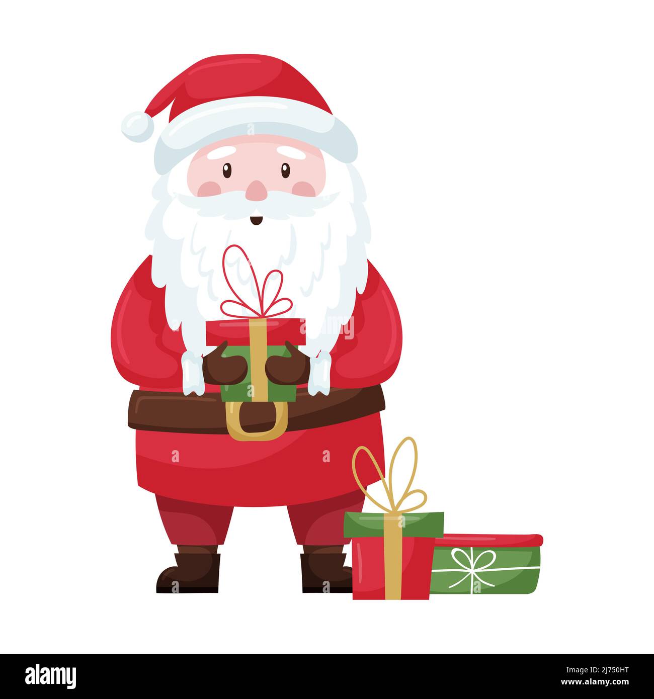 A cute cartoon Christmas Santa in a red suit and hat is holding a gift ...