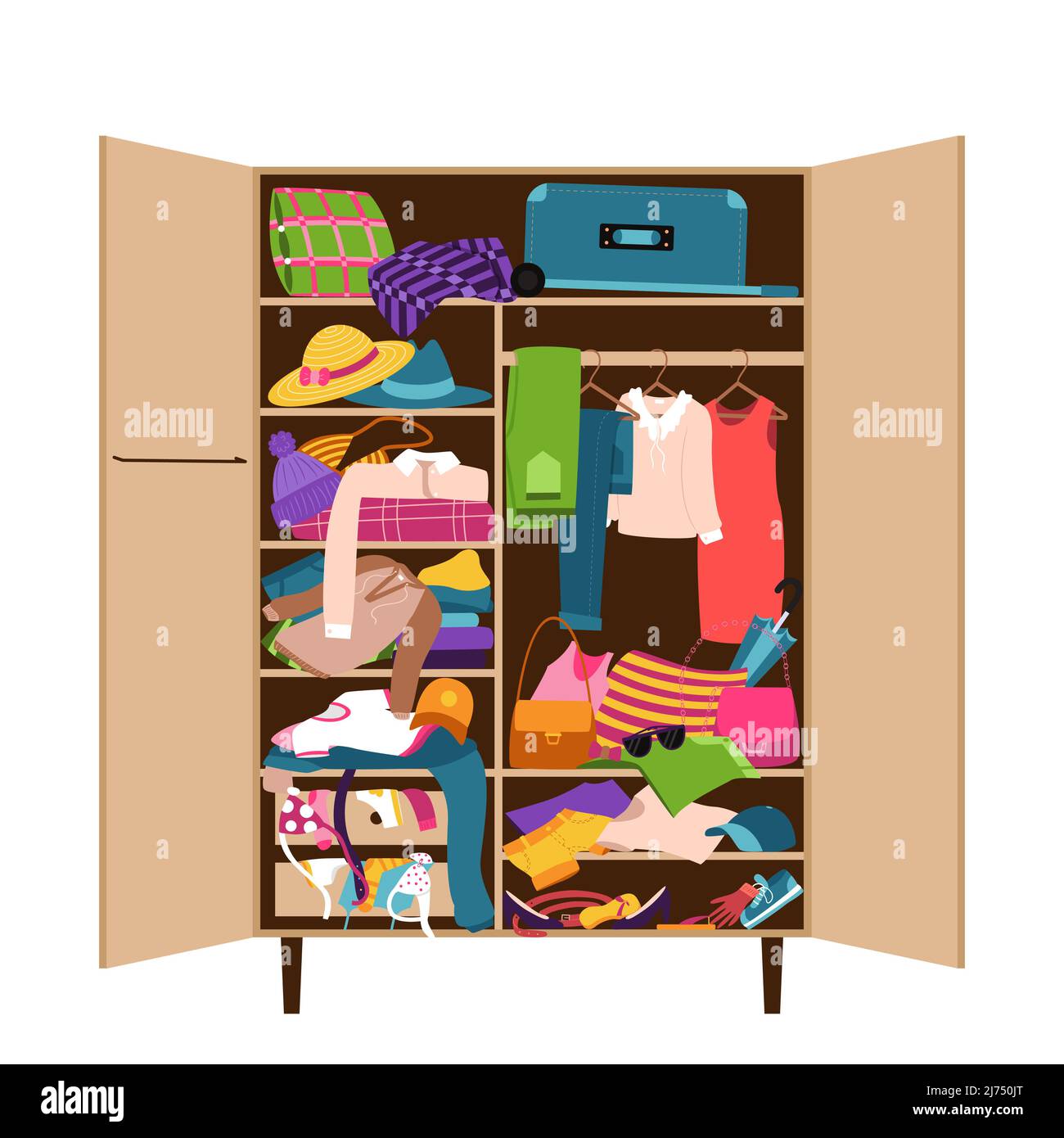 An open closet littered with clothes. A mess, a cluttered wardrobe with jeans, dress, suitcase. Reasonable consumption, cluttering, sorting of clothes Stock Vector