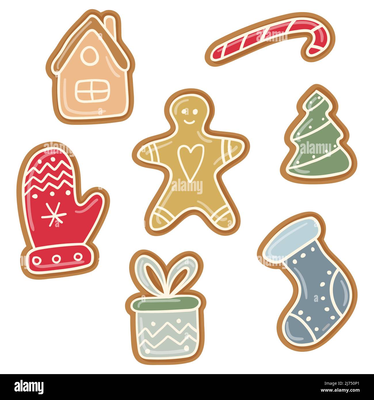 A set of Christmas ginger cookies with multicolored cream and icing. The design elements are hand-drawn in a flat cartoon style isolated on a white ba Stock Vector