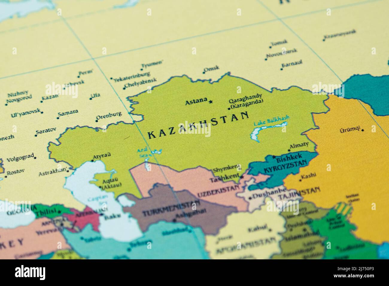 Kazakhistan country and location on map, macro shot and close-up of Kazakhistan on map, travel idea, vacation concept, Kazakh culture Stock Photo