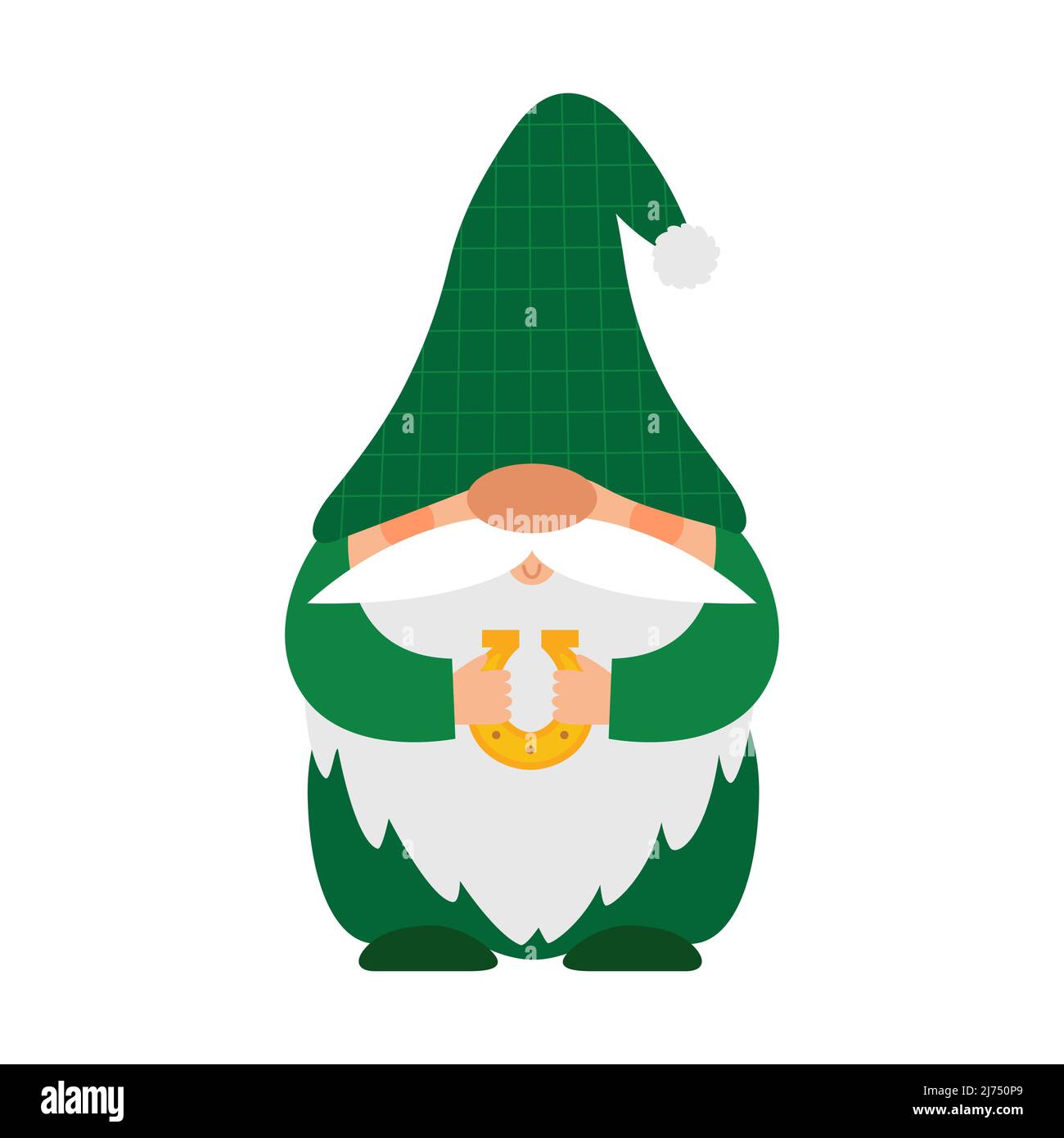 A small bearded dwarf in a green checkered hat holds a horseshoe in his hands. A symbol of good luck. A little gnome, a cute cartoon character in a fl Stock Vector