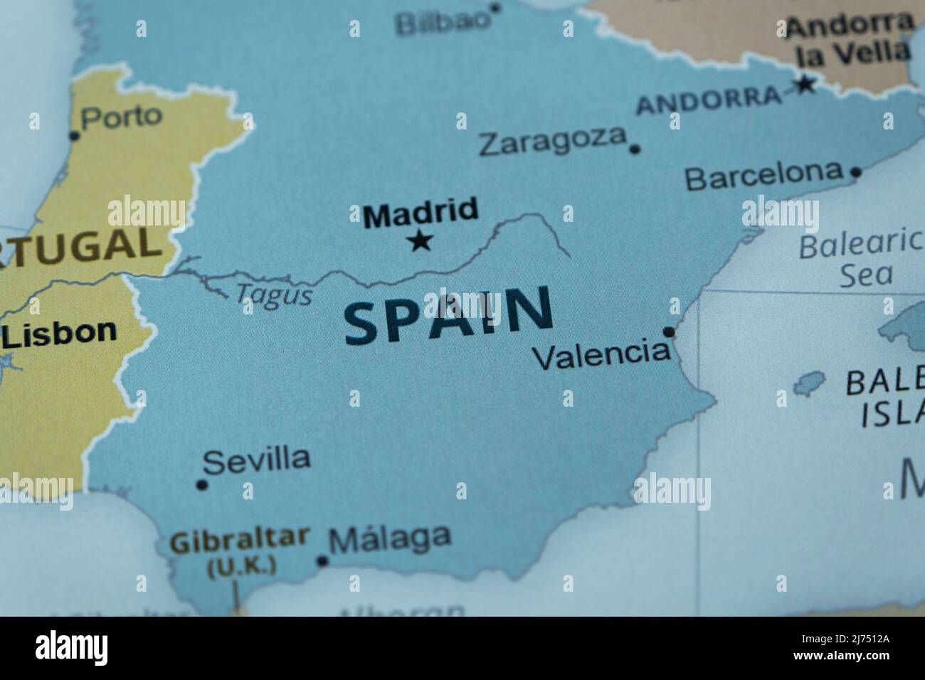 Spain country and location on map, macro shot and close-up of Spain on map, travel idea, vacation concept, Spanish culture, South Europe destination Stock Photo