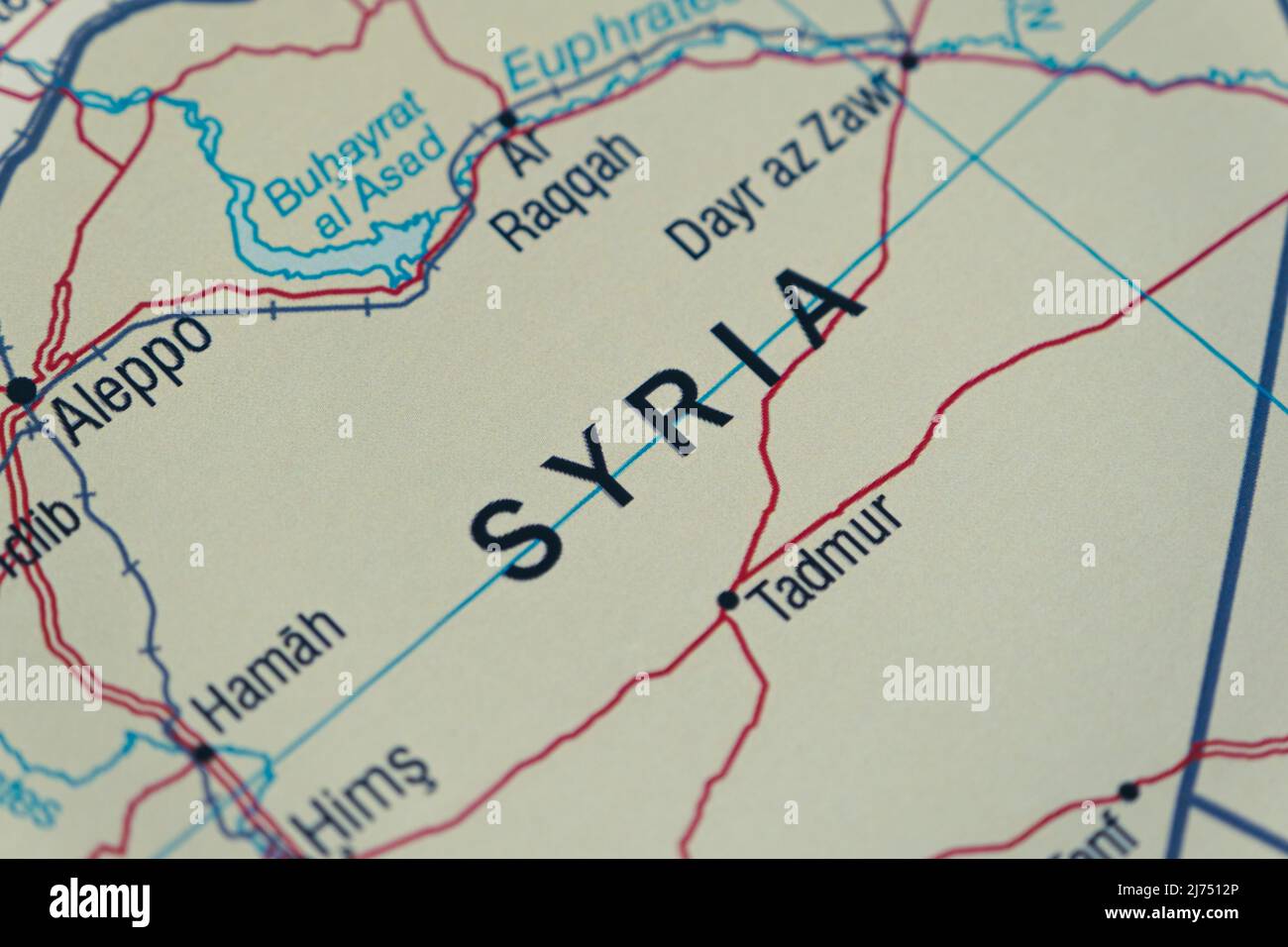 Syria country and location on map, macro shot and close-up of Syria on map, travel idea, vacation concept, Syrian culture, Middle East destination Stock Photo