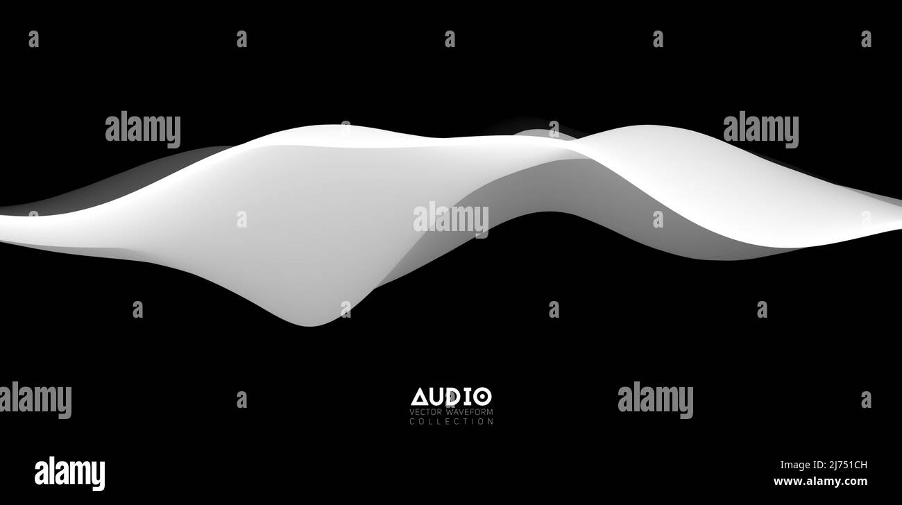 Sound wave visualiztion. 3D black and white solid waveform. Voice sample pattern. Stock Vector